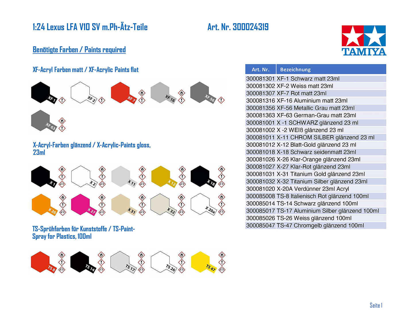 Tamiya 1/24 Sports Car Series No.319 LEXUS LFA Plastic Model 24319