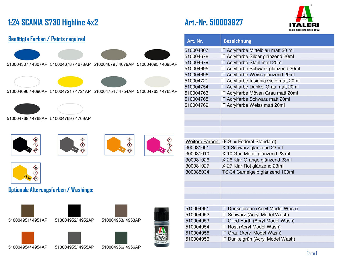 Italeri 1/24 Scania S730 Highline 4×2 Tractor Head Model IT3927 Molding Color