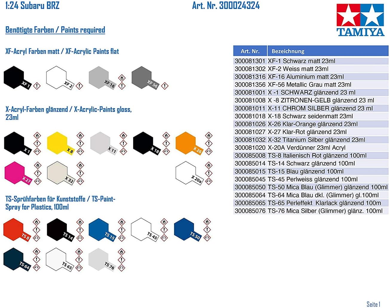 Tamiya 1/24 Sports Car Series No.324 Subaru BRZ Plastic Model 24324
