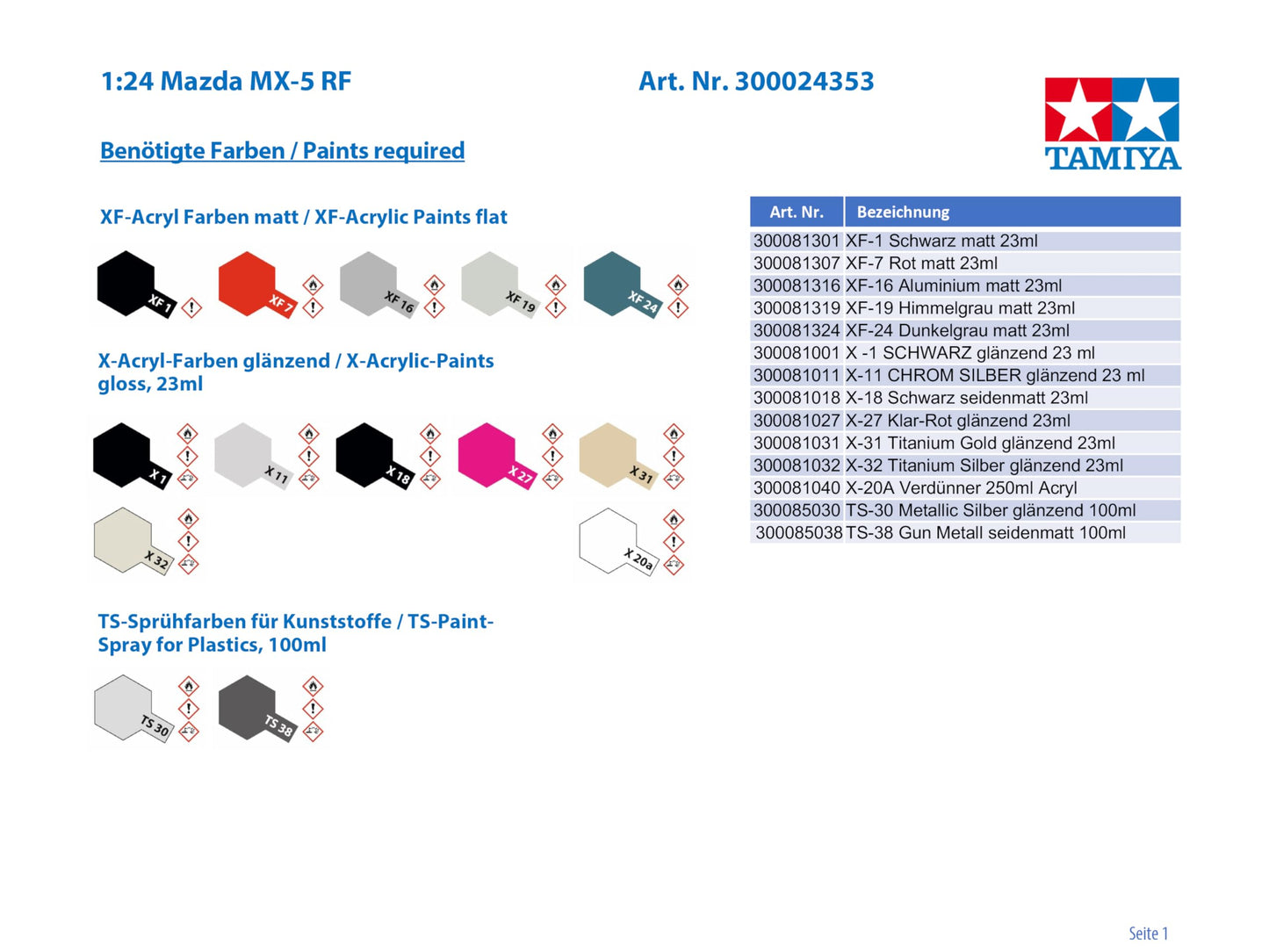 Tamiya 24353 1/24 Sports Car Series No. 353 Mazda Roadster RF Plastic Model