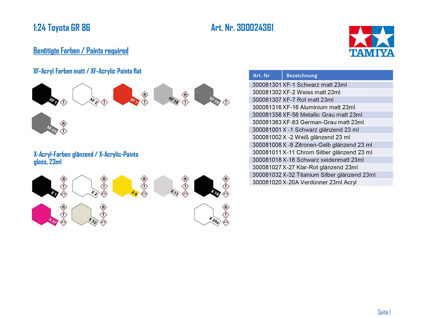 Tamiya 1/24 Sports Car Series No.361 Toyota GR86 Plastic Model 24361
