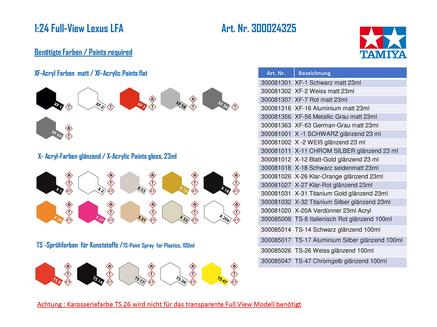 Tamiya 1/24 Sports Car Series No. 325 Full View Lexus LFA Plastic Model 24325