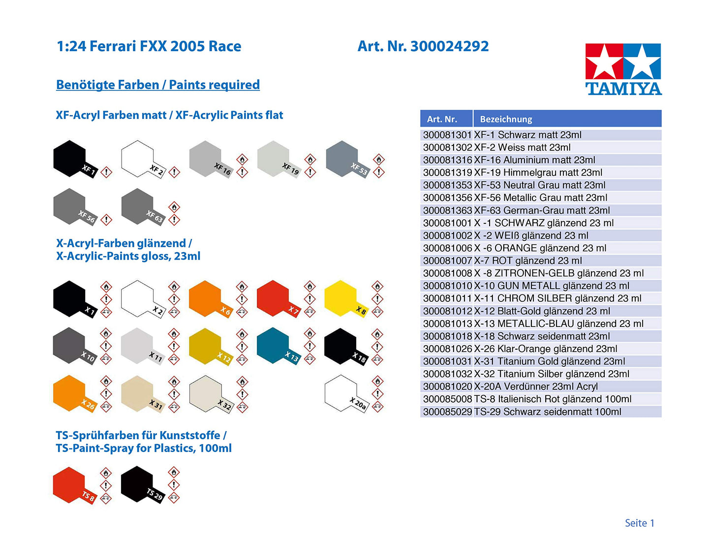 Tamiya 1/24 Sports Car Series No.292 Ferrari FXX Plastic Model