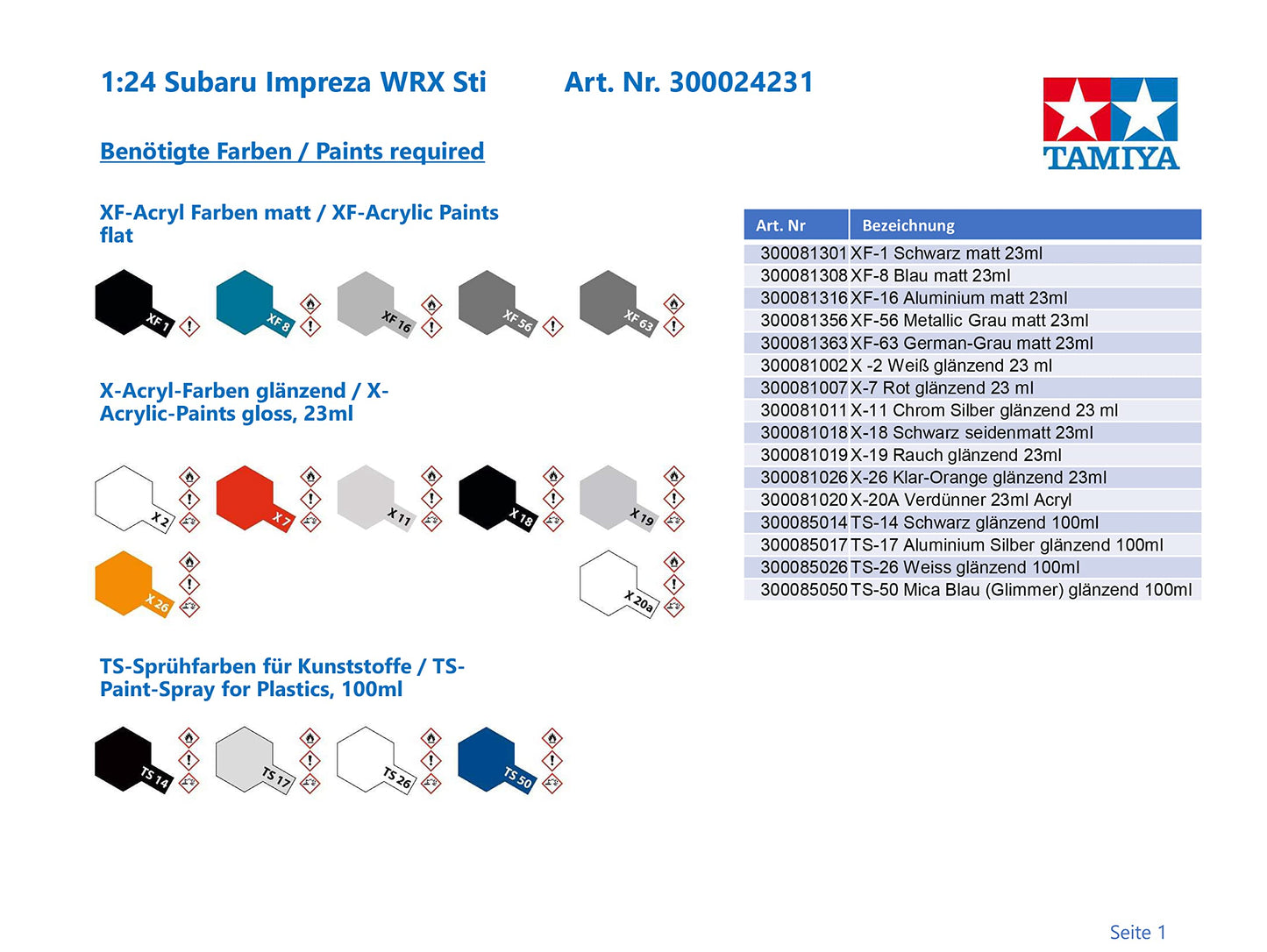 Tamiya 1/24 Sports Car Series No.231 Subaru Impreza WRX STi Plastic Model 24231