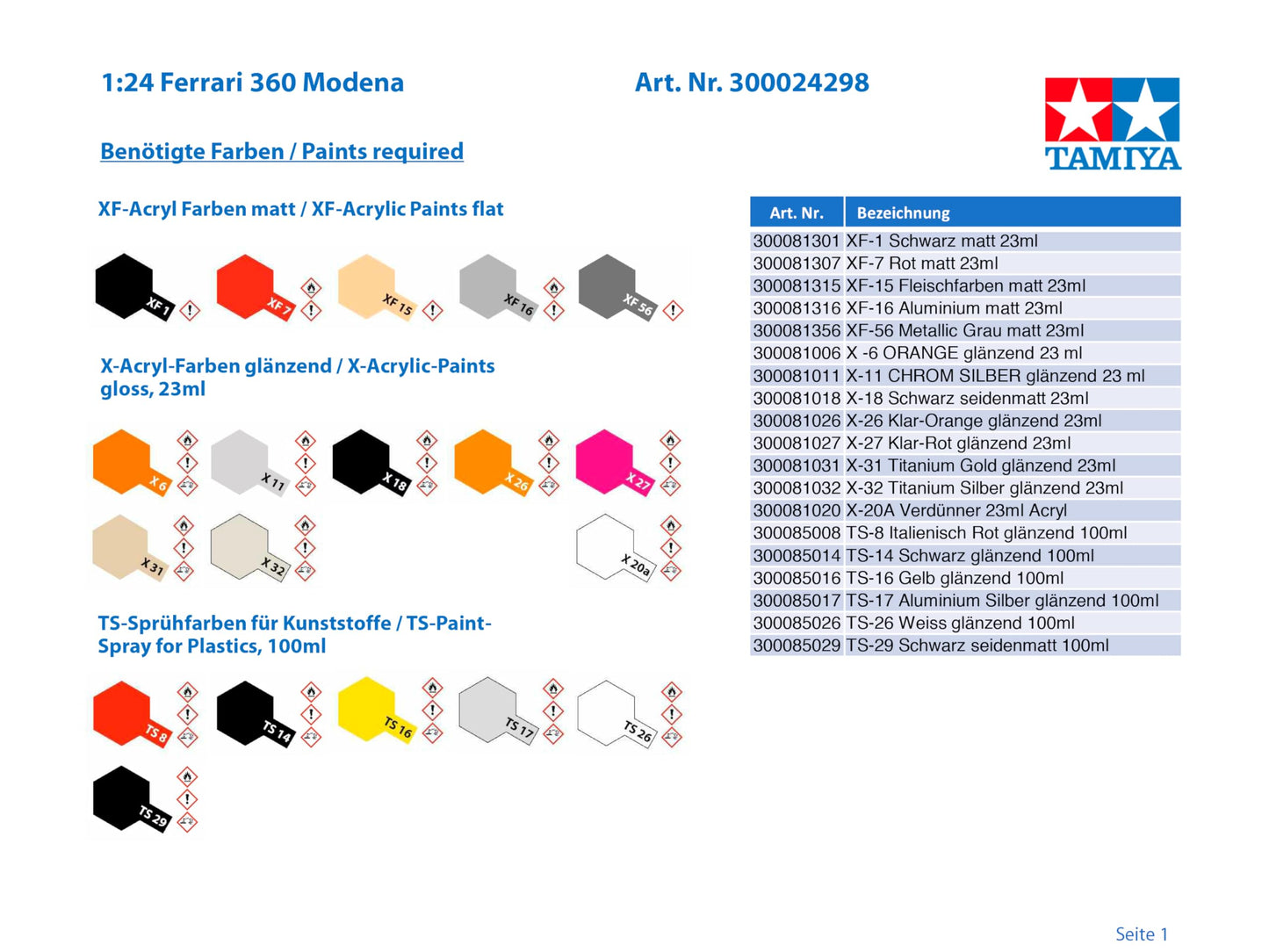 Tamiya 1/24 Sports Car Series No. 298 Ferrari 360 Modena Plastic Model 24298