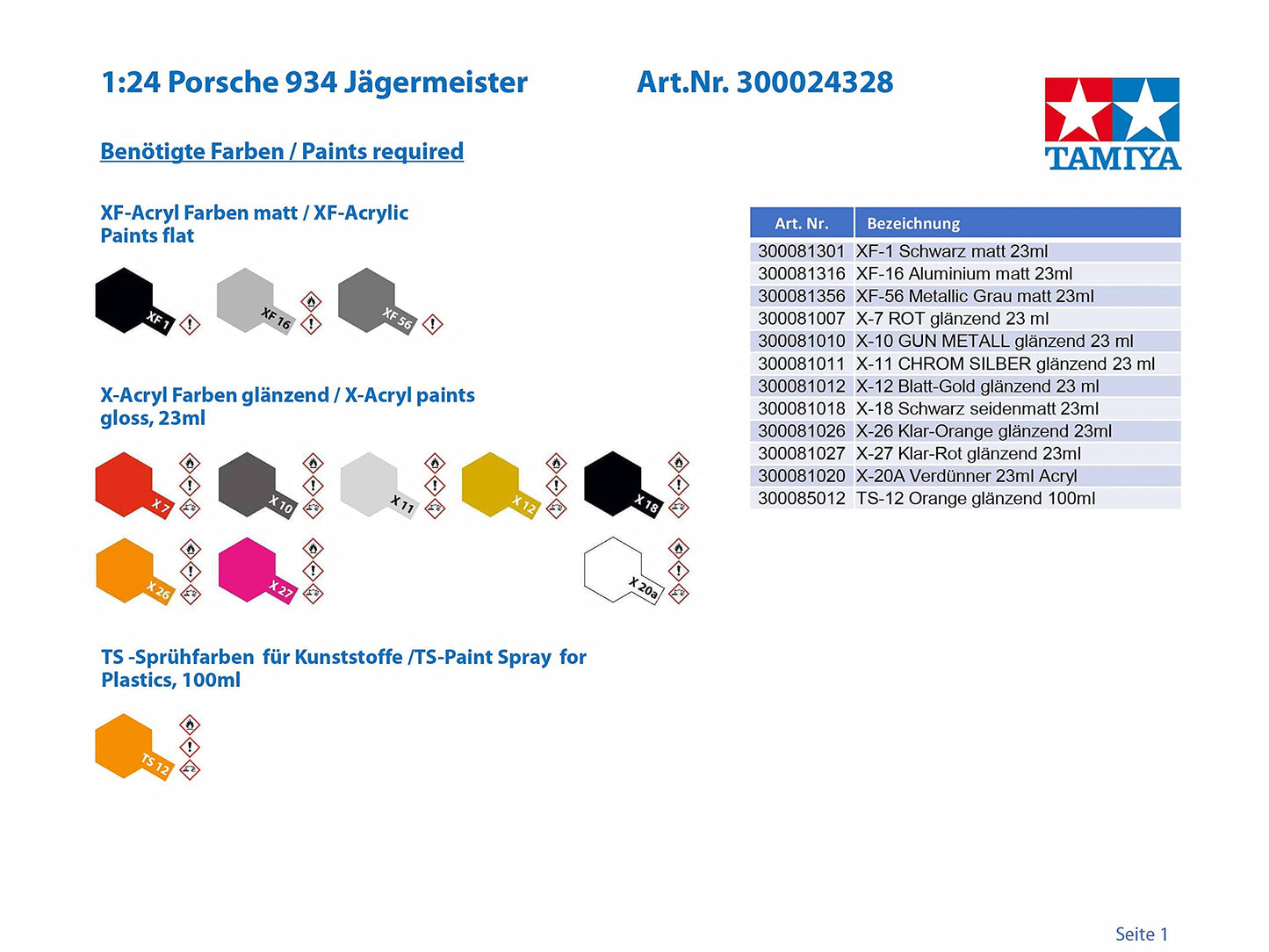 Tamiya 1/24 Sports Car Series No.328 Porsche Turbo RSR 934 Jägermeister Model