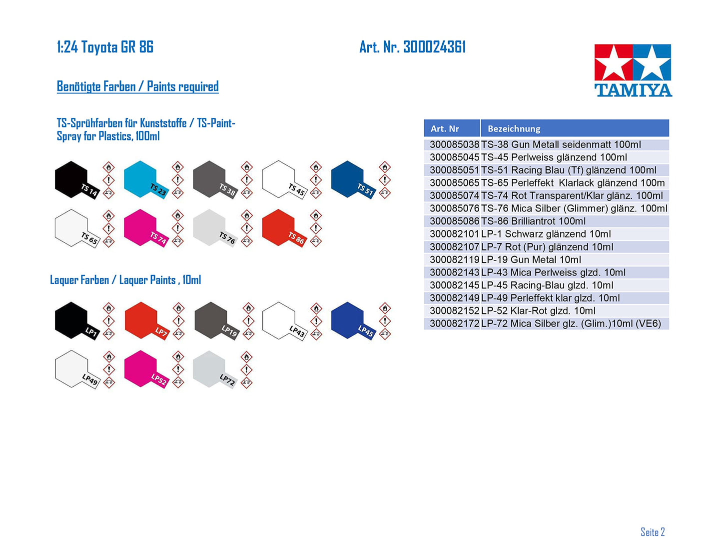 Tamiya 1/24 Sports Car Series No.361 Toyota GR86 Plastic Model 24361