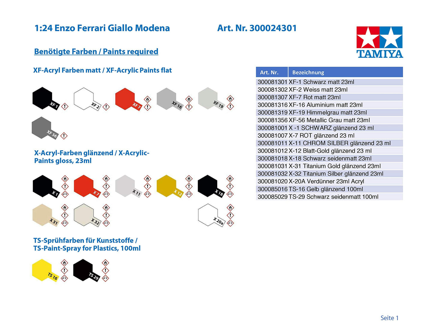 Tamiya 1/24 Sports Car Series No.301 Enzo Ferrari Yellow Version 24301