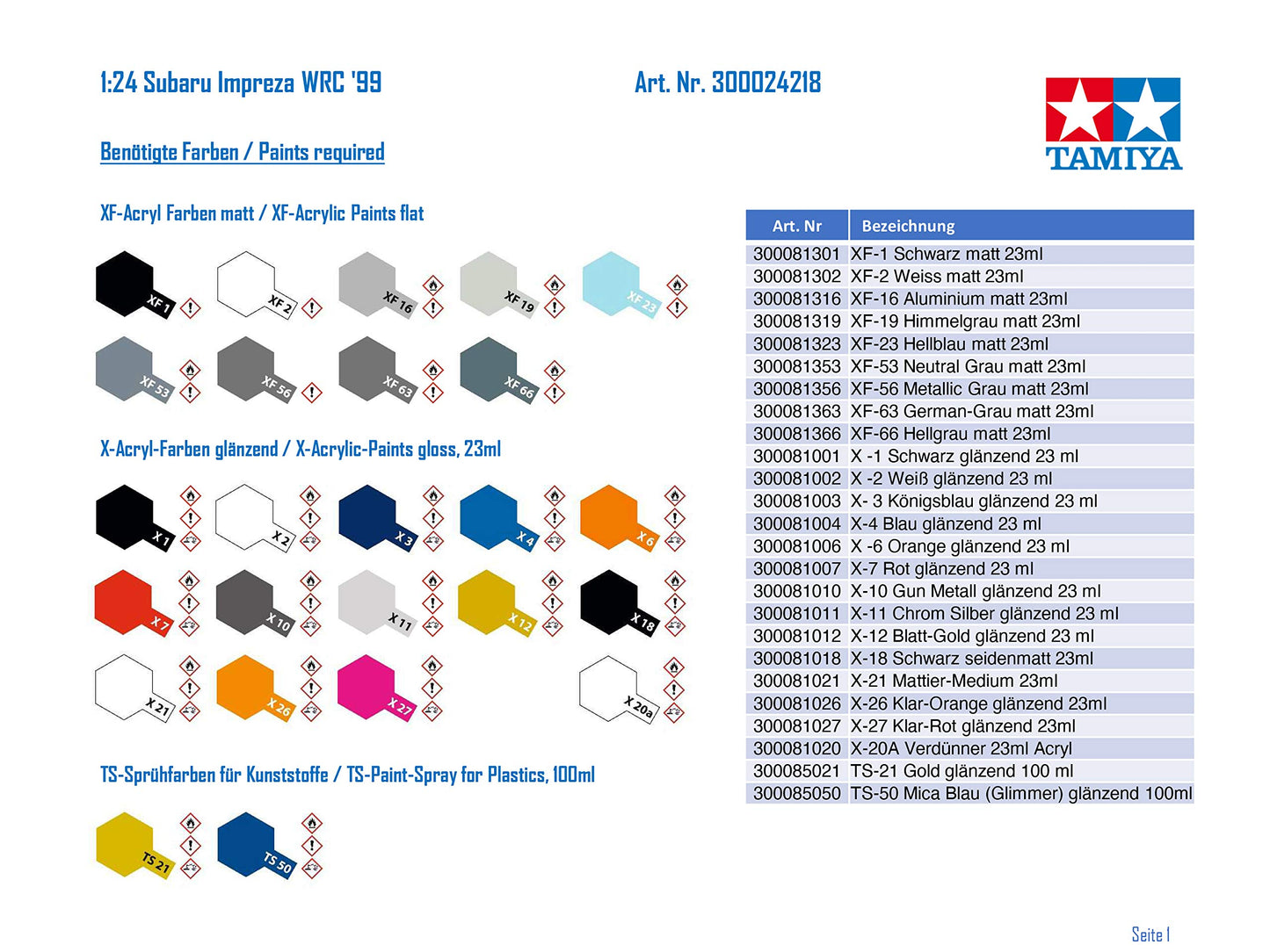 Tamiya 1/24 Sports Car Series No.218 Subaru Impreza WRC 1999 Plastic Model