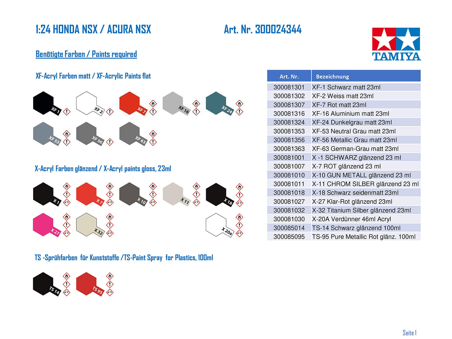 Tamiya 1/24 Sports Car Series No.344 Honda NSX Plastic Model 24344